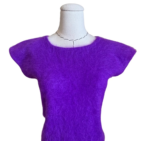 Vintage 80s Rafique Angora Rabbit Hair Short Sleeve Neon Purple Sweater Small - Picture 2 of 8